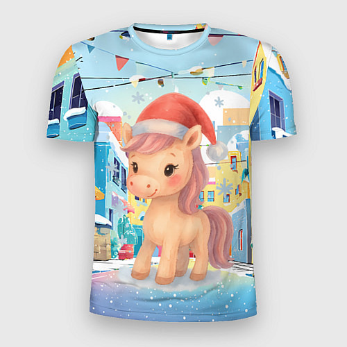 Мужская спорт-футболка Лошадка с новогоднем венком / 3D-принт – фото 1