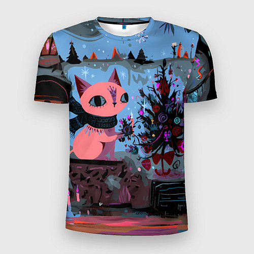 Мужская спорт-футболка Кошка празднует Новый год / 3D-принт – фото 1