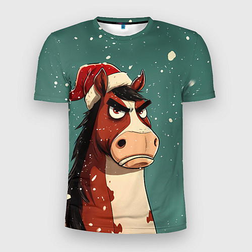 Мужская спорт-футболка Новогодняя лошадь на фоне снегопада / 3D-принт – фото 1