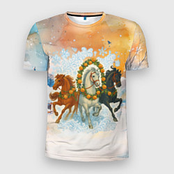 Мужская спорт-футболка Новогодняя тройка лошадей с мандаринами
