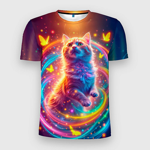 Мужская спорт-футболка Игривый кот в неоновых всполохах / 3D-принт – фото 1