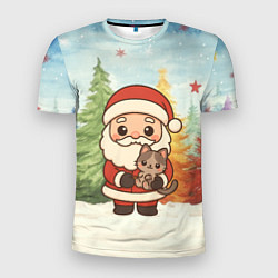 Футболка спортивная мужская Санта с котенком, цвет: 3D-принт