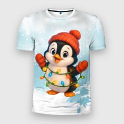 Мужская спорт-футболка Пингвинчик в свете зимних огней