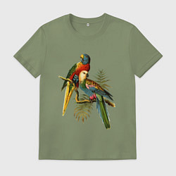 Футболка хлопковая мужская Тропические попугаи, цвет: авокадо