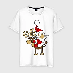 Футболка хлопковая мужская Санта на олене, цвет: белый