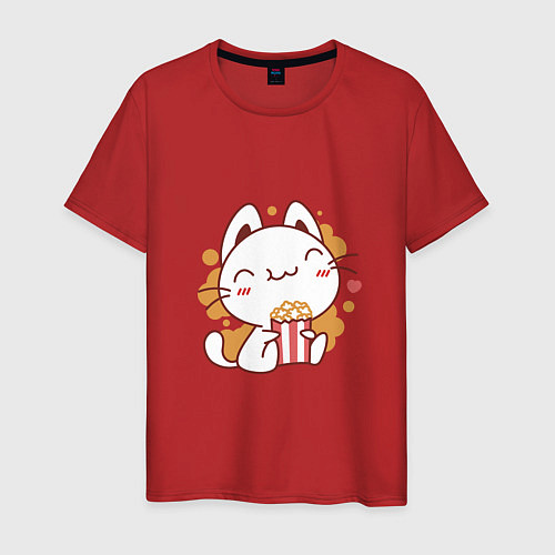 Мужская футболка Котик с попкорном / Красный – фото 1