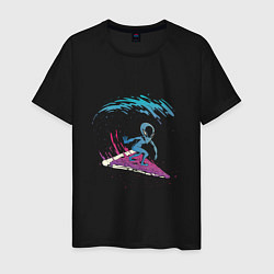 Футболка хлопковая мужская Инопланетный серфинг на пицце, цвет: черный