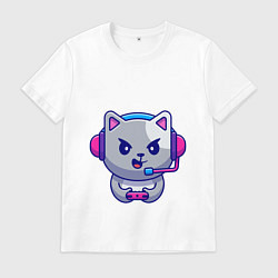 Футболка хлопковая мужская Кошка Геймер, цвет: белый