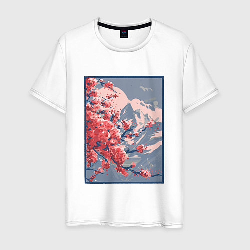 Мужская футболка Цветение Сакуры на фоне Фудзи / Белый – фото 1