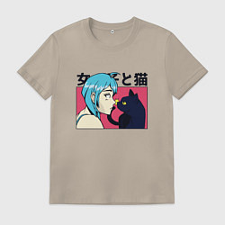 Футболка хлопковая мужская Neko Girl and Kawaii Cat, цвет: миндальный