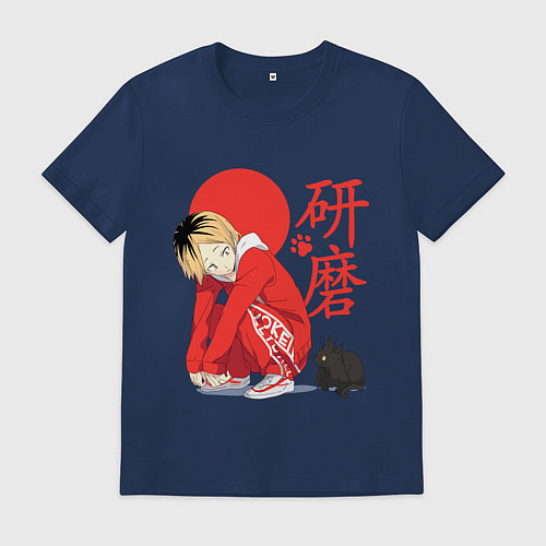 Мужская футболка Кенма Козуме с котиком Haikyuu / Тёмно-синий – фото 1