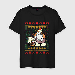 Футболка хлопковая мужская Рождественский свитер Котик с колечками, цвет: черный