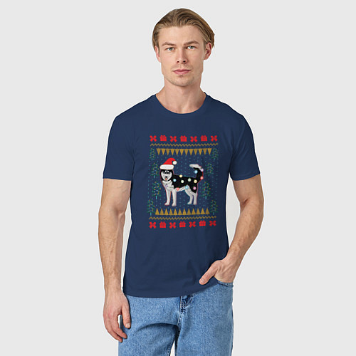 Мужская футболка Рождественский свитер Хаски / Тёмно-синий – фото 3