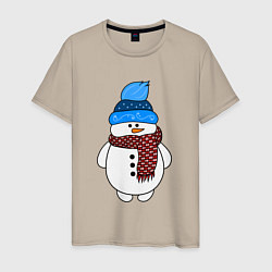 Футболка хлопковая мужская Снеговик в шапочке, цвет: миндальный