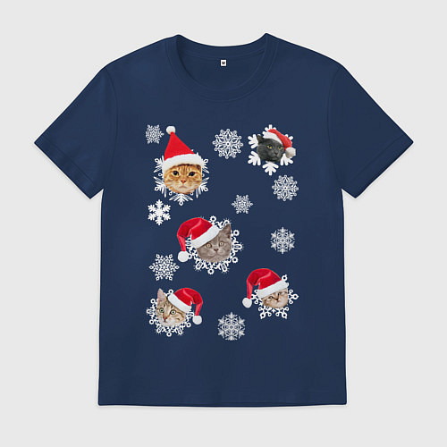 Мужская футболка Новогодние Коты в Шапках / Тёмно-синий – фото 1