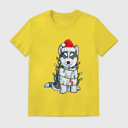 Мужская футболка НОВОГОДНИЙ ХАСКИ В ГИРЛЯНДЕ