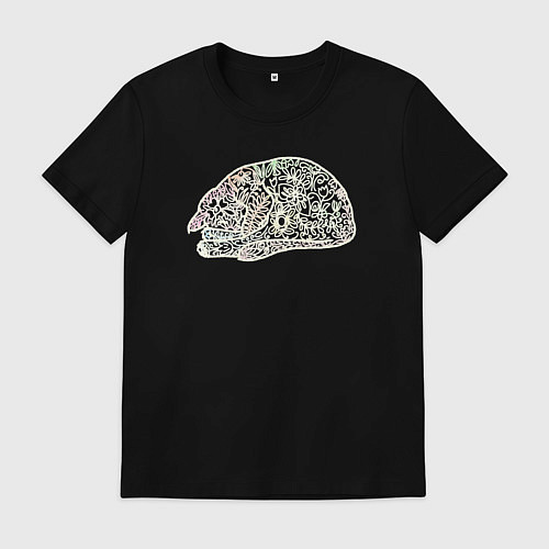 Мужская футболка Спящий котик имитация вышивки / Черный – фото 1