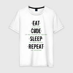 Футболка хлопковая мужская EAT CODE SLEEP REPEAT, цвет: белый