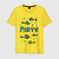 Футболка хлопковая мужская Разноцветные рыбки Рыбная вечеринка, рыбалка Рисун, цвет: желтый