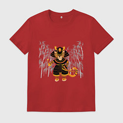 Футболка хлопковая мужская Тигр-самурай с двумя мечами на фоне бамбука, цвет: красный