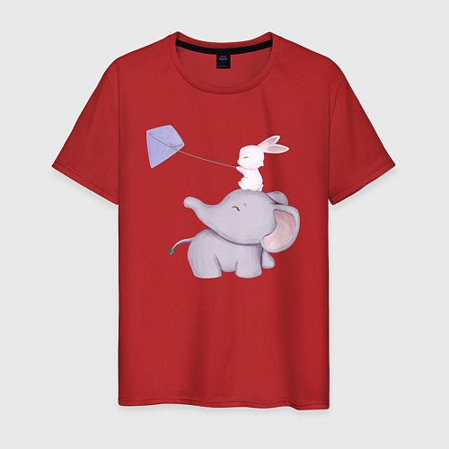 Мужская футболка Милый Слонёнок и Кролик Играют С Воздушным Змеем / Красный – фото 1