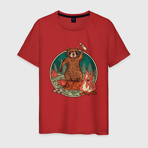 Мужская футболка Винтажный енот на отдыхе Camping Raccoon / Красный – фото 1