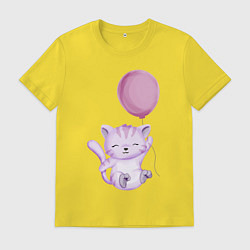 Футболка хлопковая мужская Милый Котёнок Летит На Воздушном Шаре, цвет: желтый