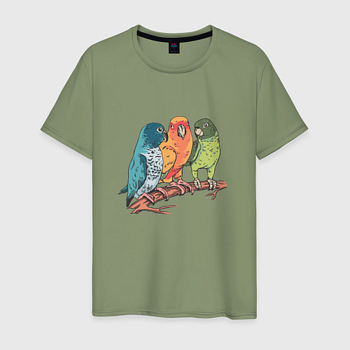 Мужская футболка Три волнистых попугая на ветке / Авокадо – фото 1