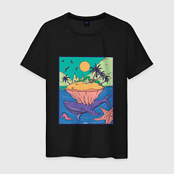 Футболка хлопковая мужская Тропический остров и Кит, цвет: черный