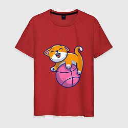 Футболка хлопковая мужская Котик с мячиком, цвет: красный