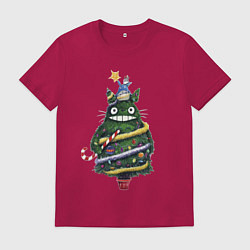 Футболка хлопковая мужская Тоторо - Новогодняя ёлка, цвет: маджента