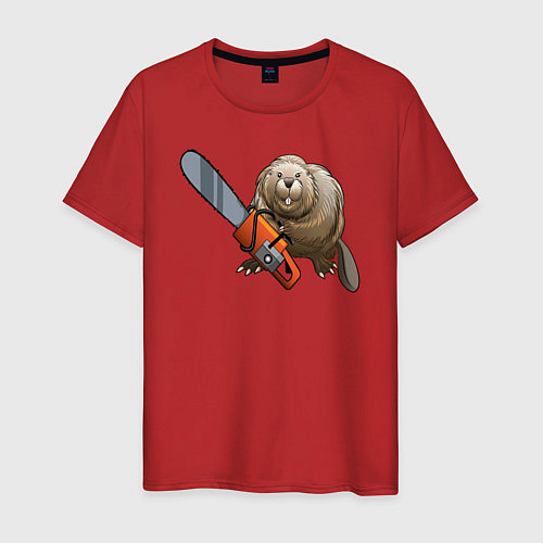 Мужская футболка Бобер с бензопилой / Красный – фото 1