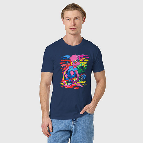 Мужская футболка Барт Симпсон - крутой скейтер - разноцветные клякс / Тёмно-синий – фото 3