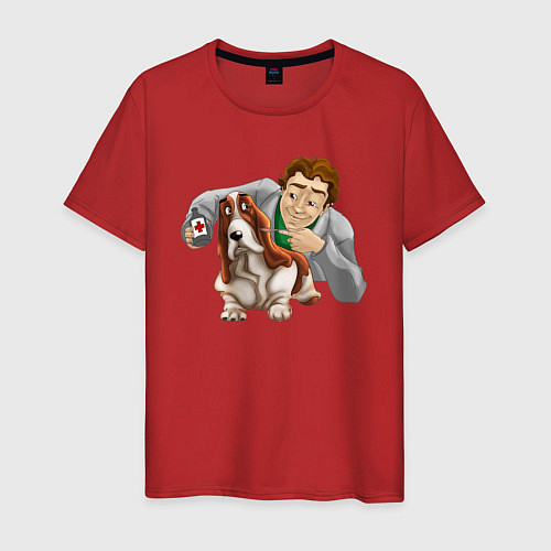 Мужская футболка Ветеринар лечит собачку бассет-хаунда / Красный – фото 1