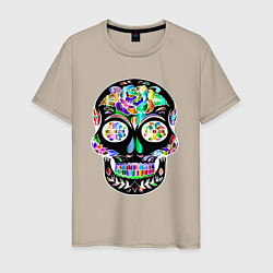 Футболка хлопковая мужская Чёрный мексиканский череп с разноцветными цветами, цвет: миндальный