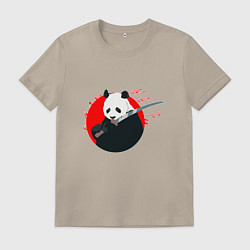 Футболка хлопковая мужская Панда держит меч, цвет: миндальный
