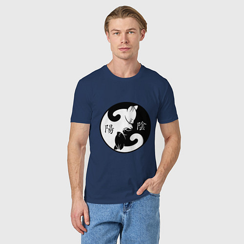 Мужская футболка Инь-Янь коты с иероглифами / Тёмно-синий – фото 3