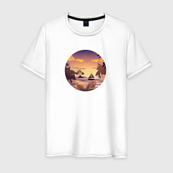 Футболка хлопковая мужская Тропический остров и лодка в море на закате, цвет: белый