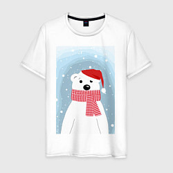 Футболка хлопковая мужская Мультяшный белый медведь в красной шапке с шарфом, цвет: белый