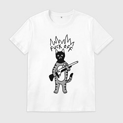 Футболка хлопковая мужская Кот бандит с ружьём, цвет: белый