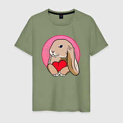 Футболка хлопковая мужская Кролик с красным сердечком, цвет: авокадо