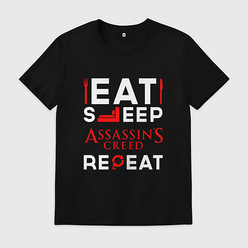 Мужская футболка Надпись eat sleep Assassins Creed repeat / Черный – фото 1