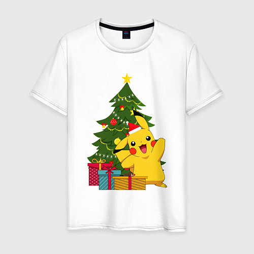 Мужская футболка Новогодний Пикачу и елка / Белый – фото 1