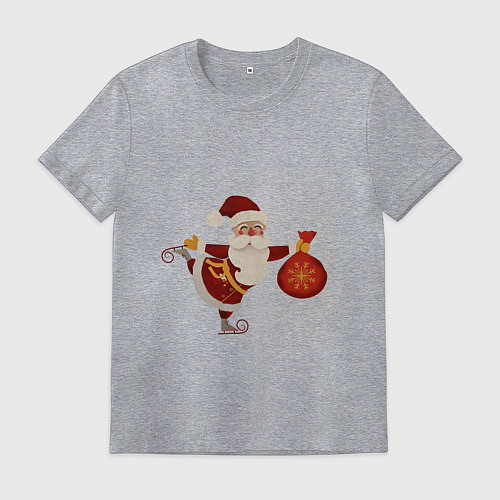 Мужская футболка Дед Мороз на коньках с мешком подарков / Меланж – фото 1