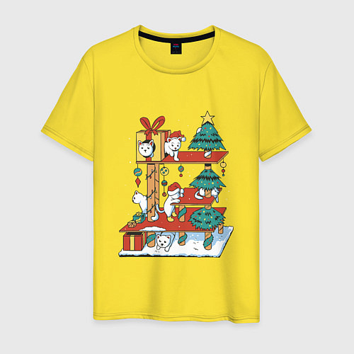 Мужская футболка Новогодние котята на домике с ёлками / Желтый – фото 1
