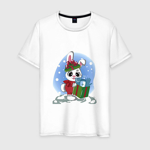 Мужская футболка Rabbit with a New Years gift / Белый – фото 1