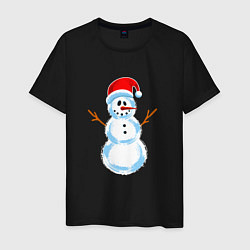 Футболка хлопковая мужская Мультяшный новогодний снеговик, цвет: черный