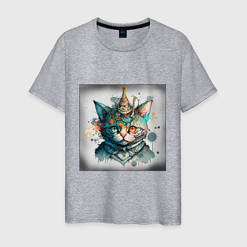 Мужская футболка Абстрактный акварельный кот с колпаком и брызгами / Меланж – фото 1
