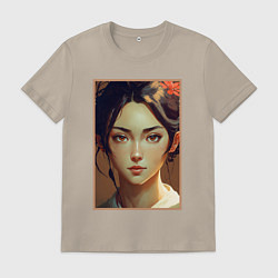 Футболка хлопковая мужская Прекрасная девушка азиатской внешности, цвет: миндальный