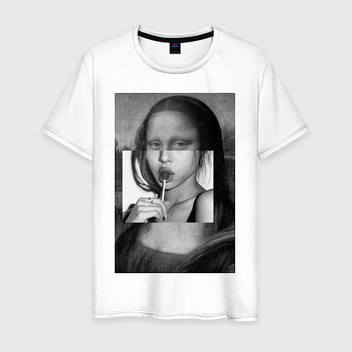 Мужская футболка Мона Лиза с чупа чупсом - чёрно белая / Белый – фото 1